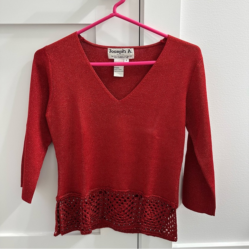 Joseph A Red V-Neck Sweater with Intricate Hem